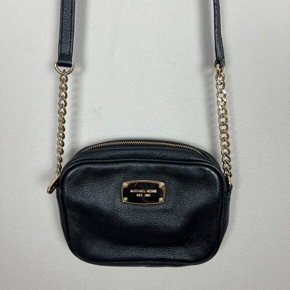 Michael Kors‎ Crossbody Bag Black Leather Gold Chain Strap Zip Card Slots Small - Picture 2 of 15